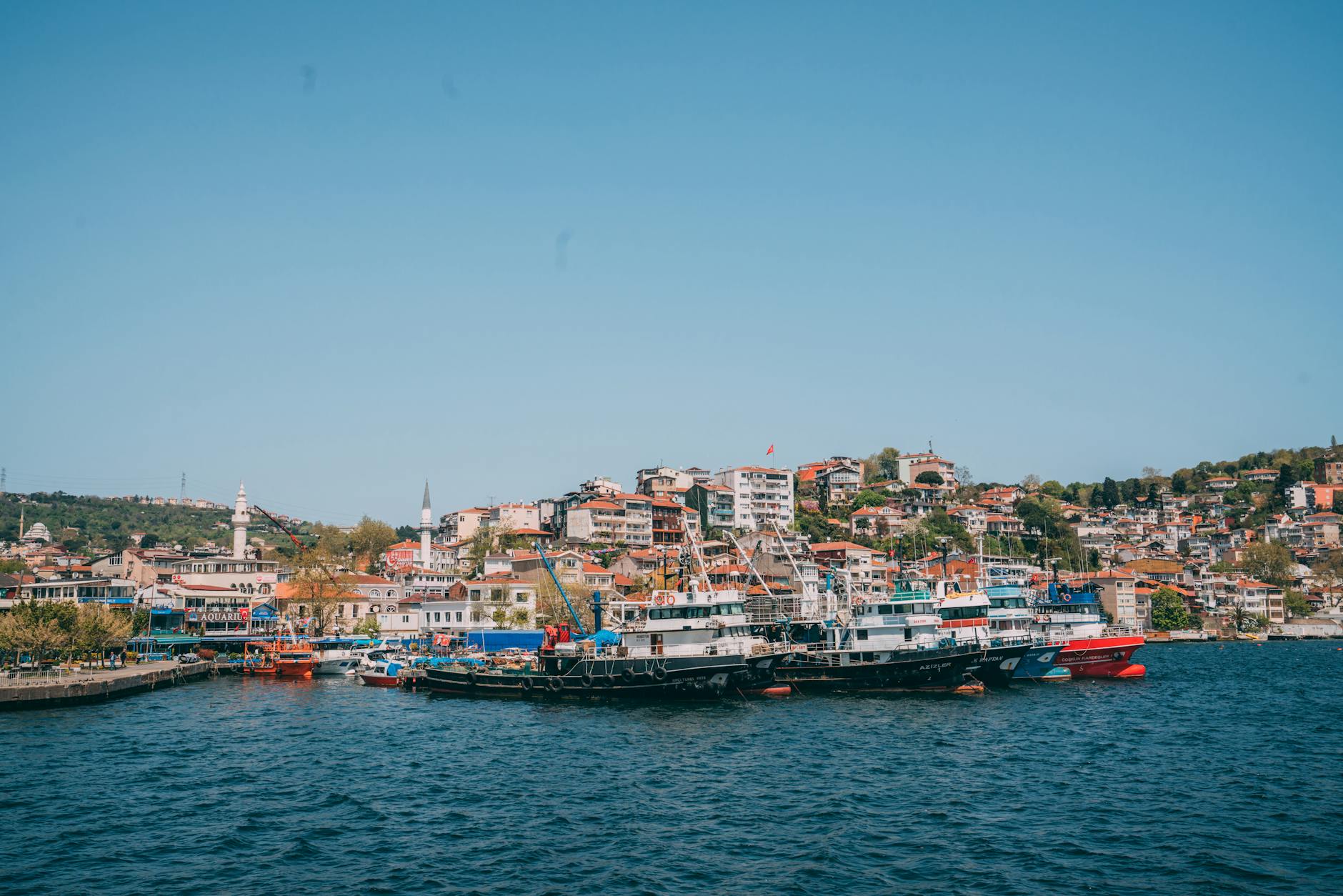 Des bateaux de pêche traditionnels sont amarrés dans le port pittoresque de Sarıyer.