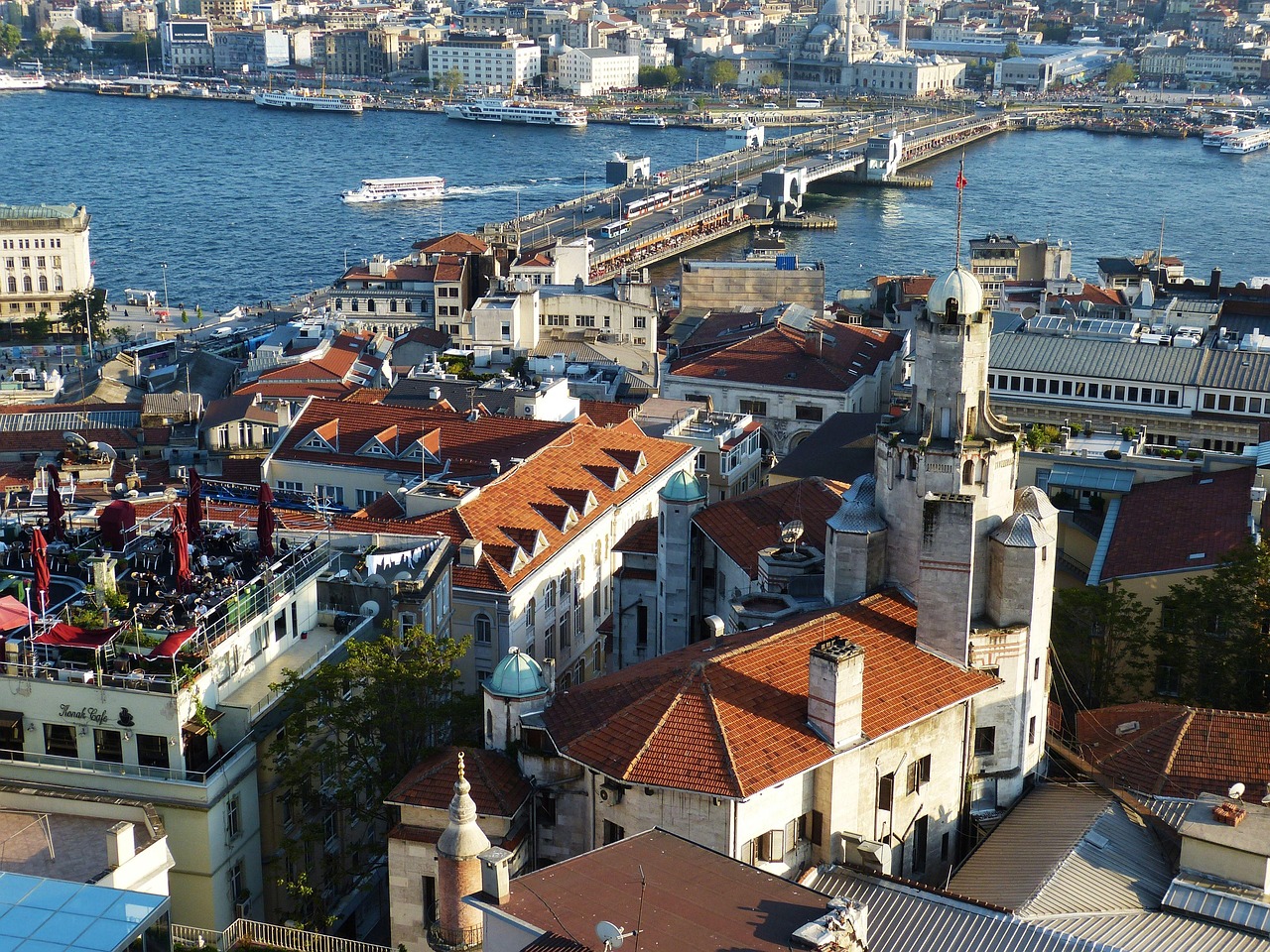 Vue aérienne sur les toits du quartier de Karaköy et le pont Galata.